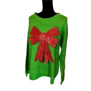 UGLY CHRISTMAS SWEATER SHIMMER/SPARKLE‎ GREEN W/ RED GLITTER BOW WOMENS 2XL